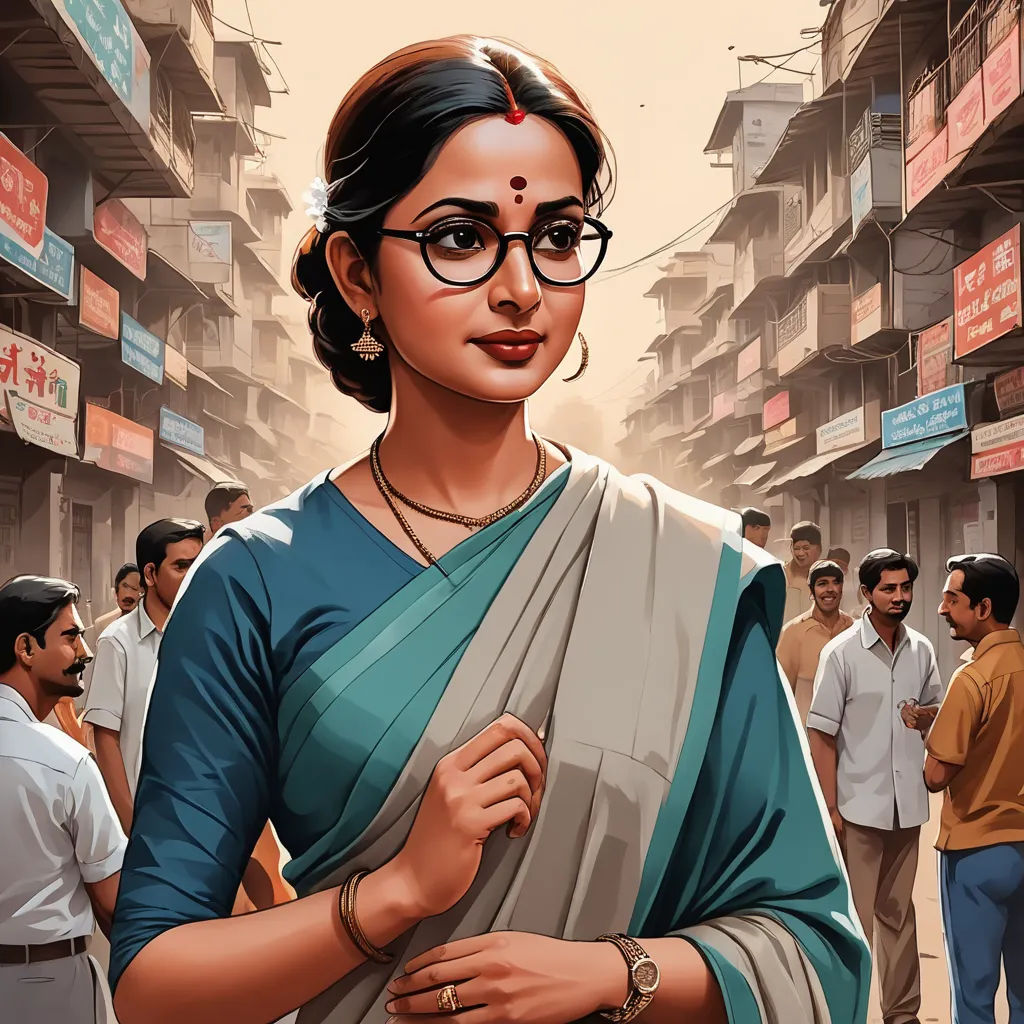 a woman in a sari and glasses standing in a crowded street with people walking by on the sidewalk, bengal school of art, poster art, Ella Guru, maya