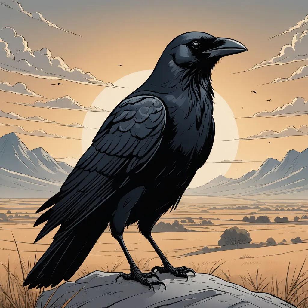 a black crow sitting on a rock in a desert landscape with a sunset in the background and clouds in the sky, fantasy art, a comic book panel, Dan Mumford, comic cover art