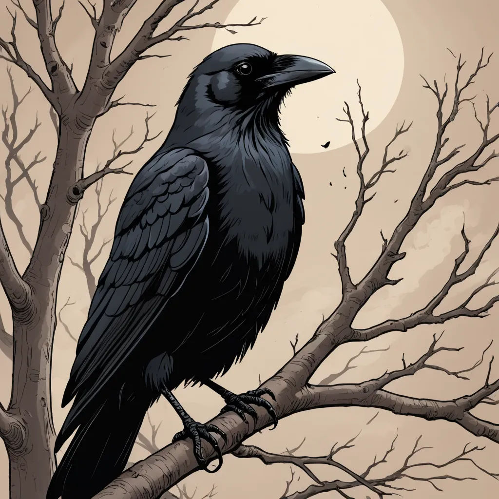 a black bird sitting on a branch of a tree with a full moon in the background and a full moon in the sky, gothic art, a character portrait, Dan Mumford, comic cover art