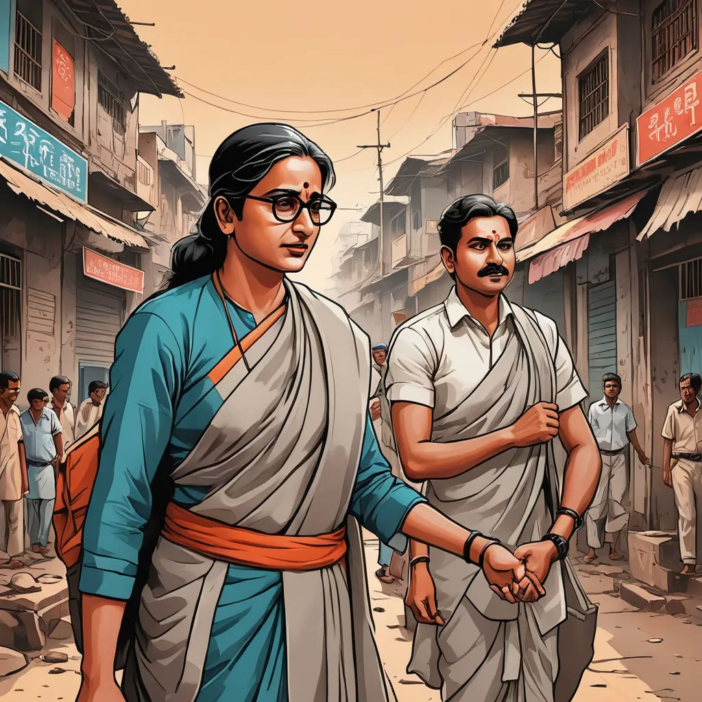 a man and woman walking down a street in india with a man in the background wearing a sari, serial art, poster art, Ella Guru, official art