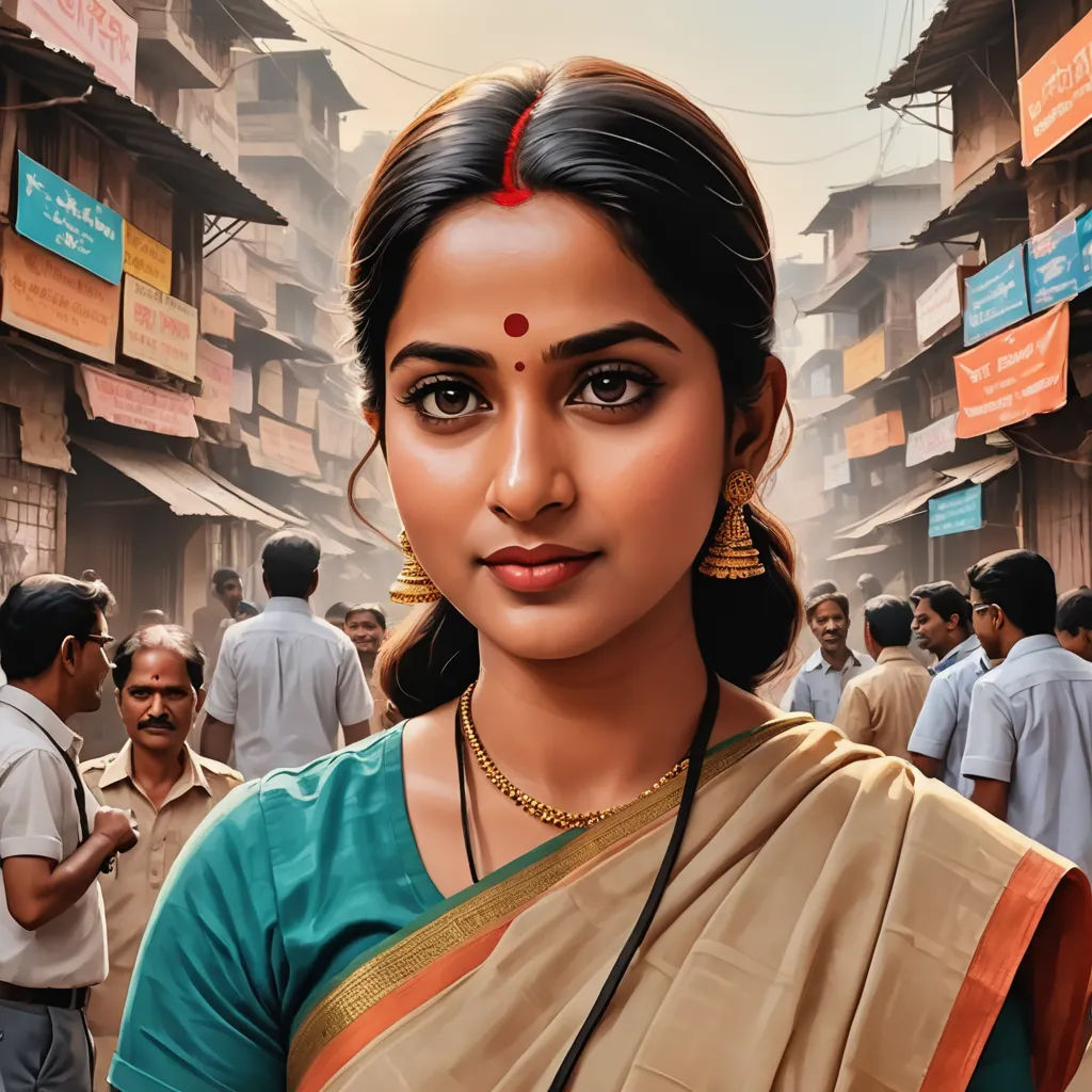 a woman in a sari standing in a crowded street with a crowd of people behind her and a man in the background, samikshavad, a detailed painting, Ella Guru, highly detailed digital painting