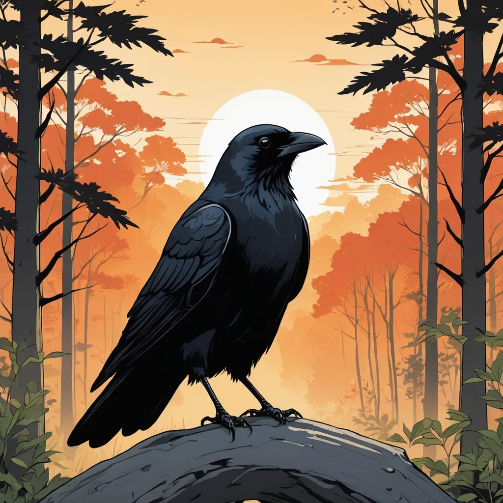 a black bird sitting on a log in a forest at sunset with trees and a full moon in the background, serial art, poster art, Dan Mumford, laurie greasley