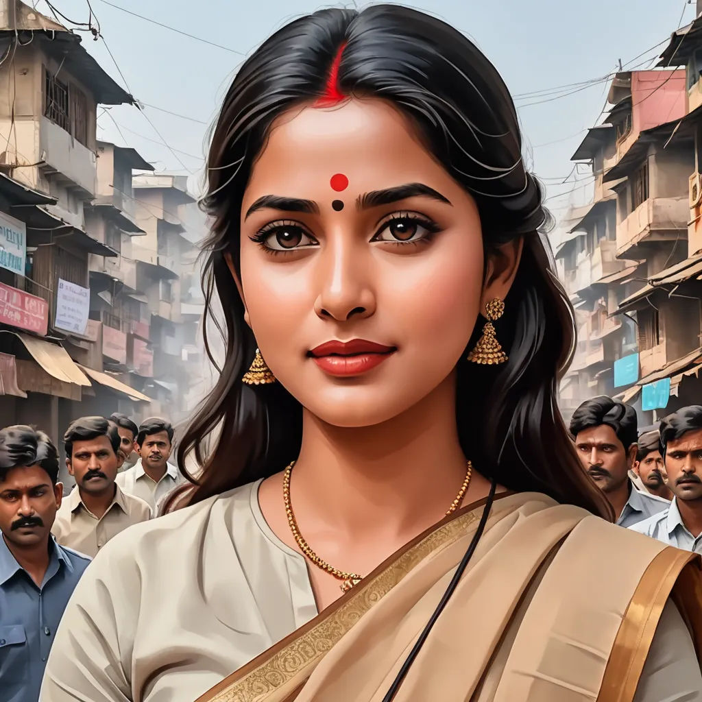a painting of a woman in a sari and a crowd of people in the background with a sky background, samikshavad, a detailed painting, Ella Guru, maya