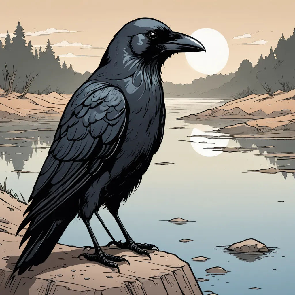 a black bird sitting on a rock near a body of water with a full moon in the background and trees, gothic art, a comic book panel, Dan Mumford, laurie greasley