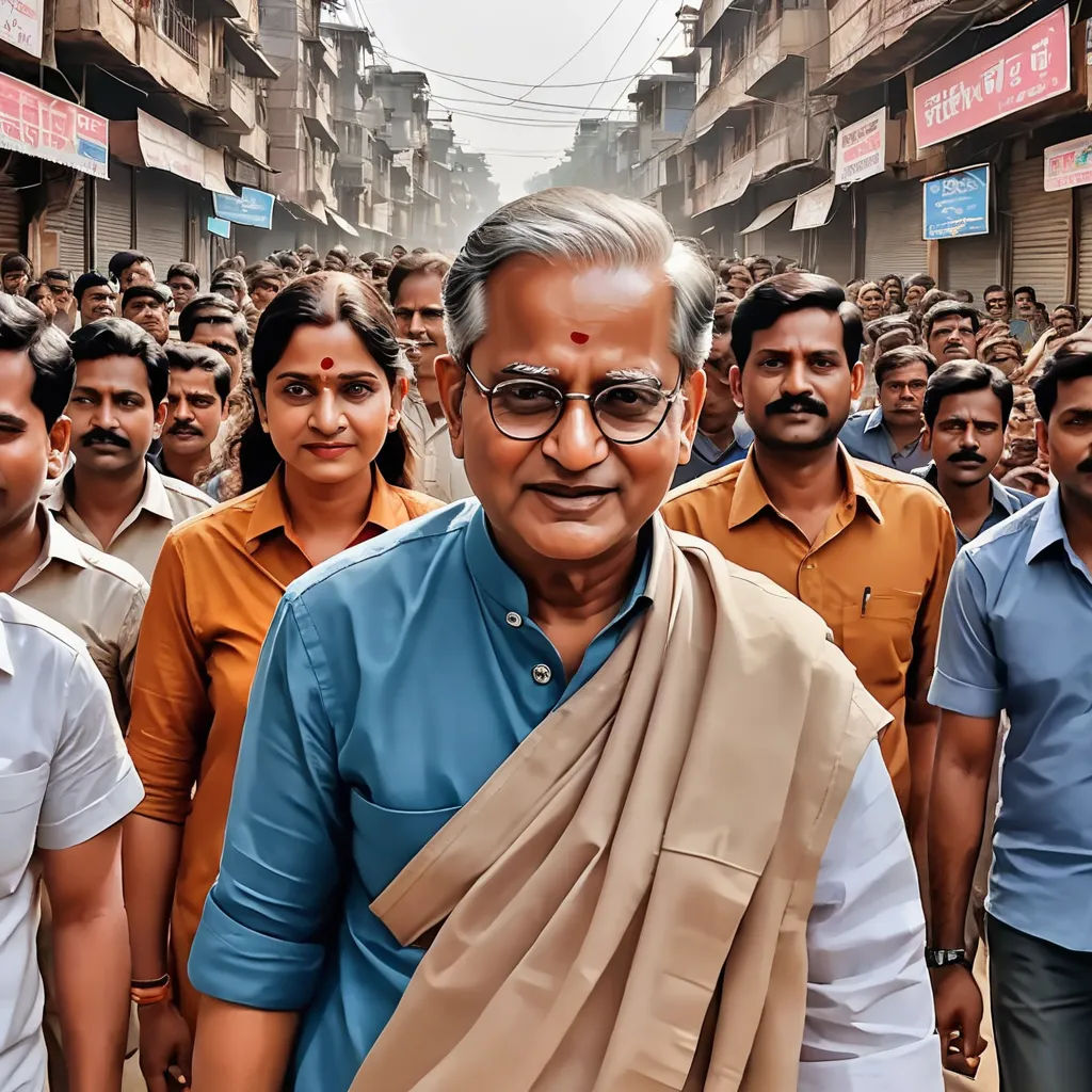 a man in a blue shirt and a crowd of people in orange shirts and blue shirts are standing in a street, samikshavad, a poster, Bholekar Srihari, movie still frame