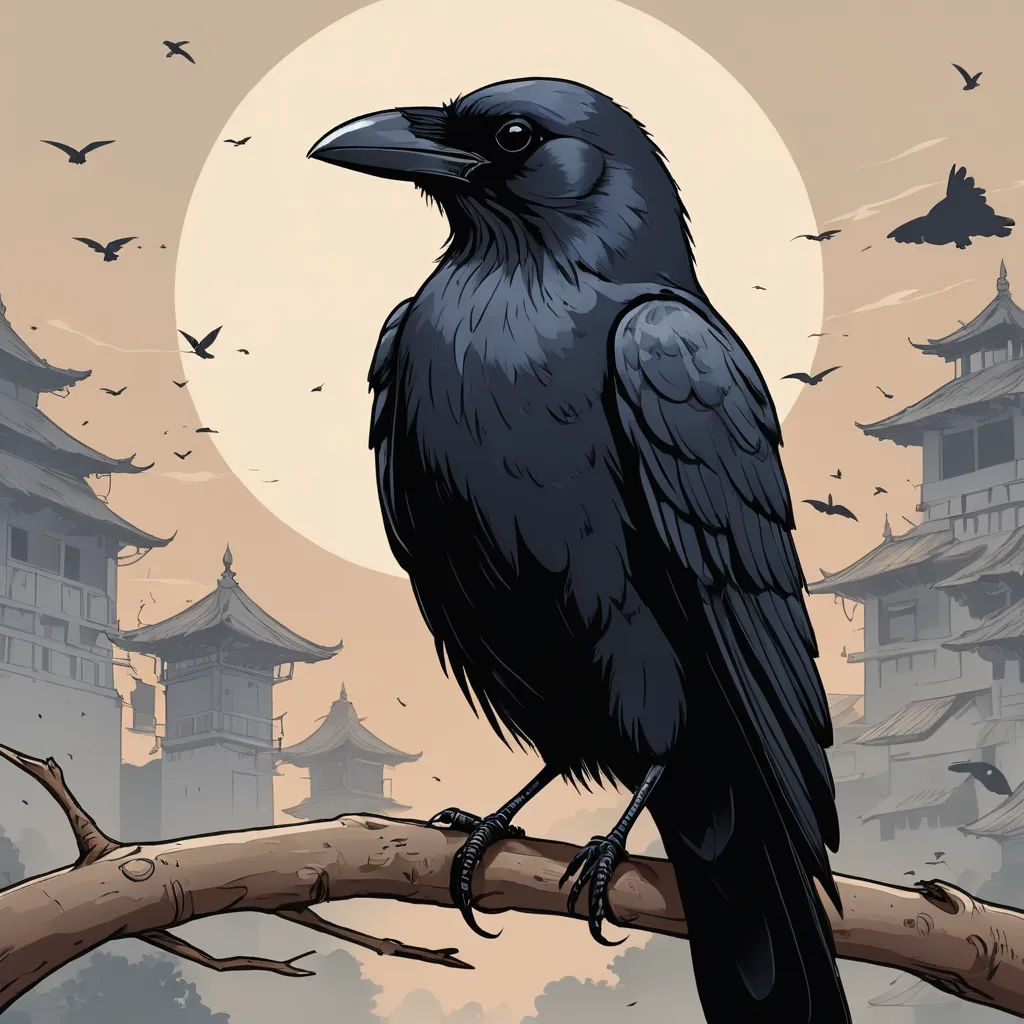 a black bird sitting on a branch in front of a full moon and pagodas in the background with bats flying around, altermodern, a comic book panel, Dan Mumford, comic cover art