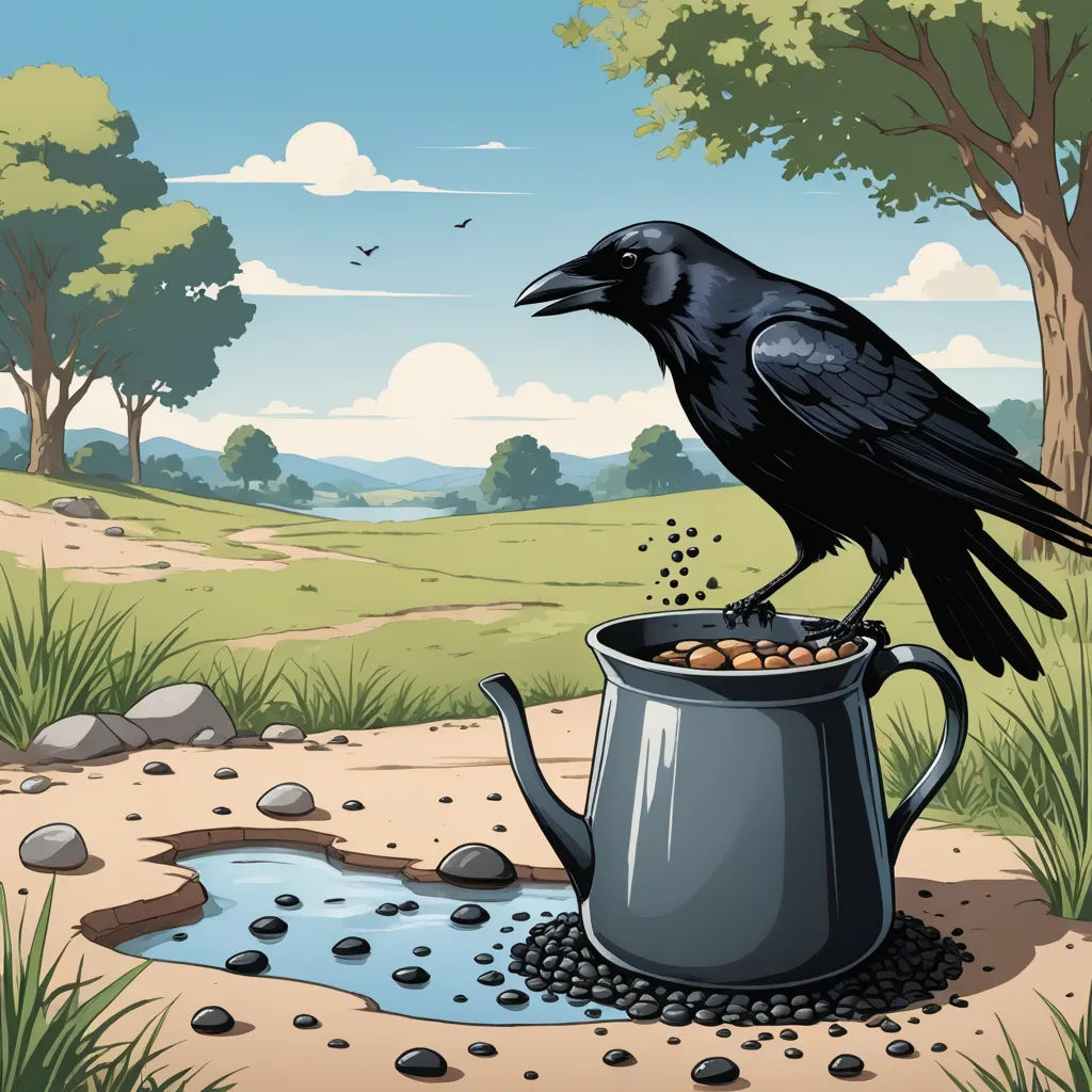 a black bird sitting on top of a watering can filled with eggs and water in a field with trees, serial art, a storybook illustration, Chris LaBrooy, detailed illustration