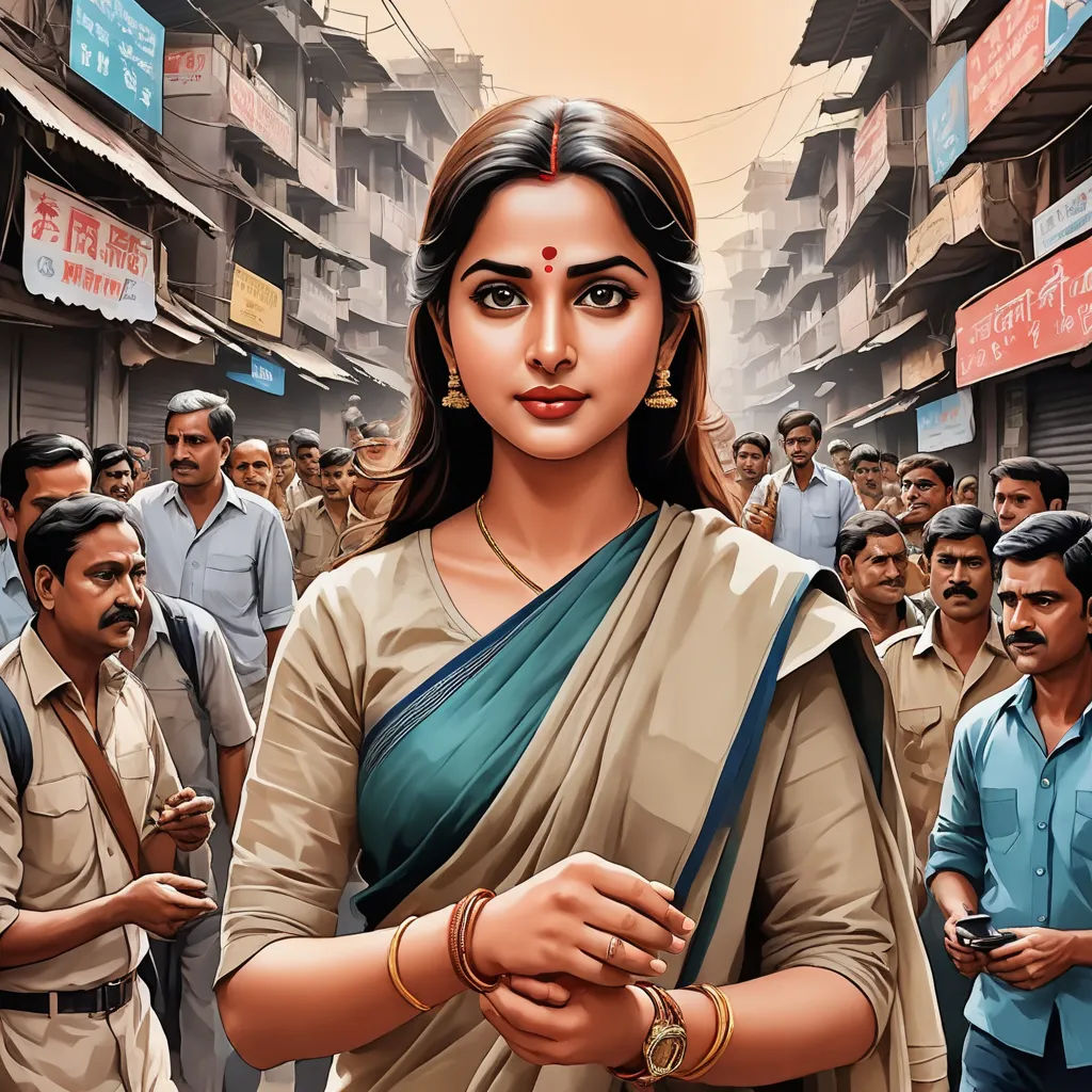 a woman in a sari standing in front of a crowd of people in india, with a man in the background, samikshavad, poster art, Ella Guru, official art
