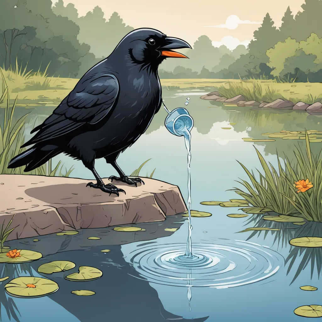 a black bird standing on a rock near a pond with water and lily pads on it's edge, environmental art, a storybook illustration, Chris LaBrooy, storybook illustration