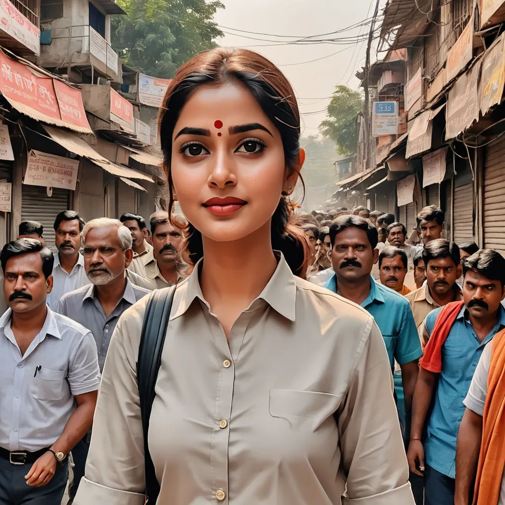 a woman standing in front of a crowd of people in a street with a woman's face painted on, samikshavad, a poster, Ella Guru, movie still frame