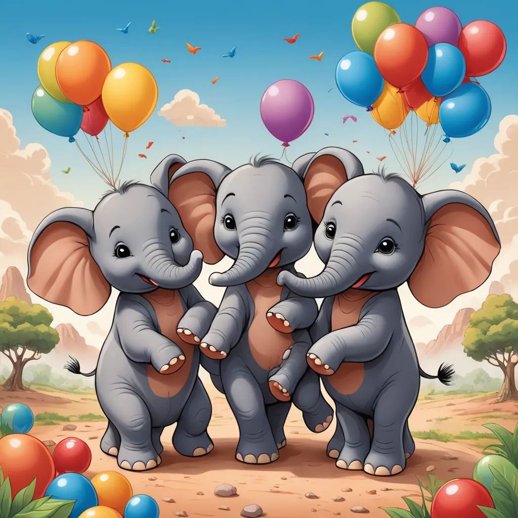 three elephants are standing in the dirt with balloons in the air behind them and a blue sky with clouds, rayonism, a storybook illustration, Amédée Ozenfant, cute and funny