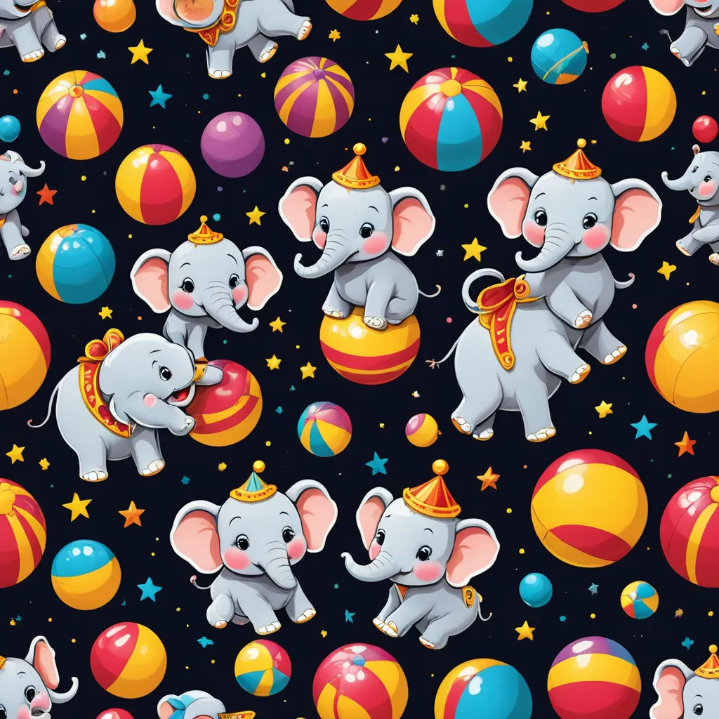 a group of elephants standing on top of a ball covered ground with stars and balloons in the background of a black background, maximalism, a storybook illustration, Chris LaBrooy, colorful flat surreal design