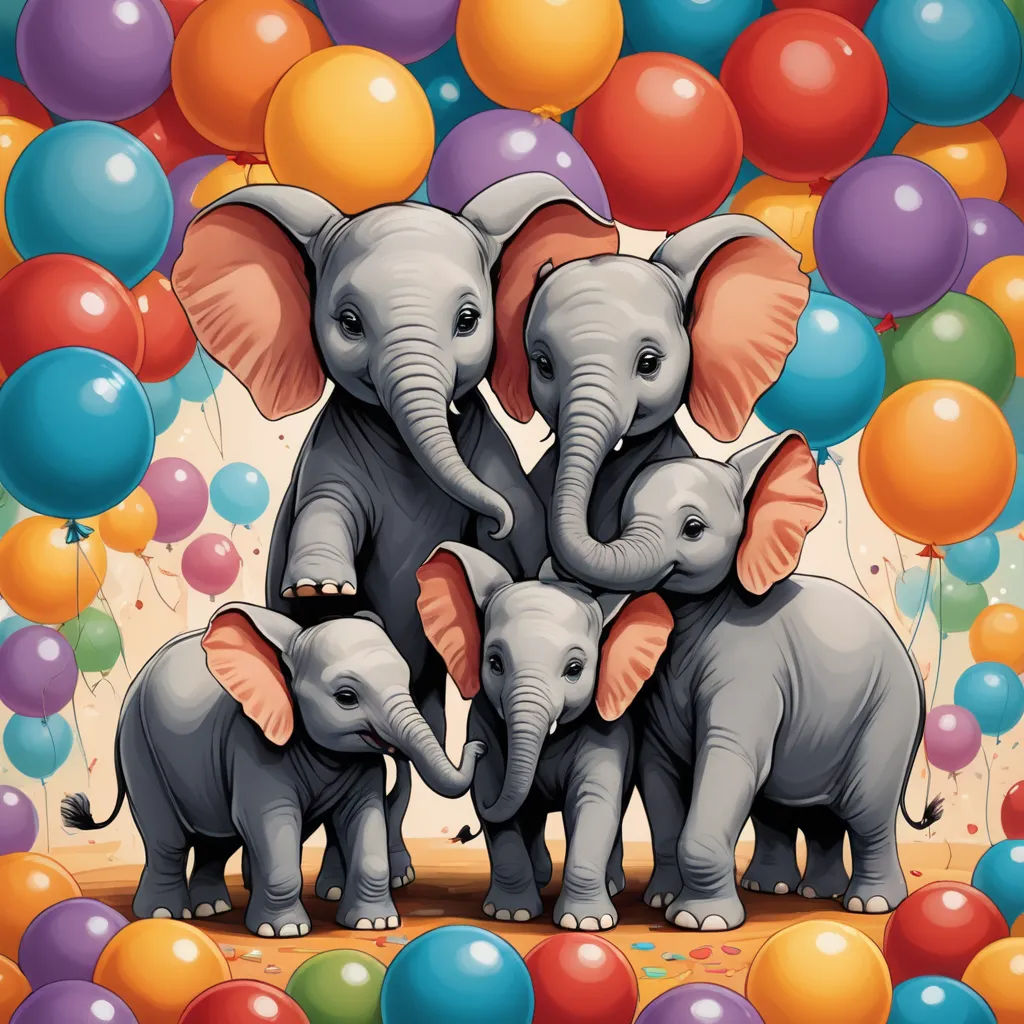 a group of elephants standing in front of a bunch of balloons and balloons with a sky background of multicolored balloons, pop surrealism, a storybook illustration, Chris LaBrooy, highly detailed digital art