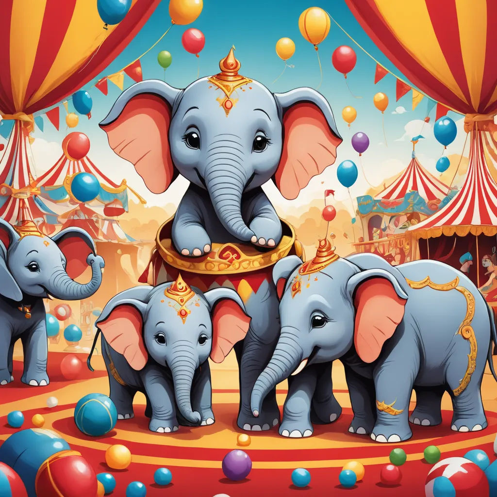 a circus scene with three elephants and a circus tent with balloons and a circus tent with a circus tent and circus tents, magical realism, a storybook illustration, Chris LaBrooy, highly detailed digital painting
