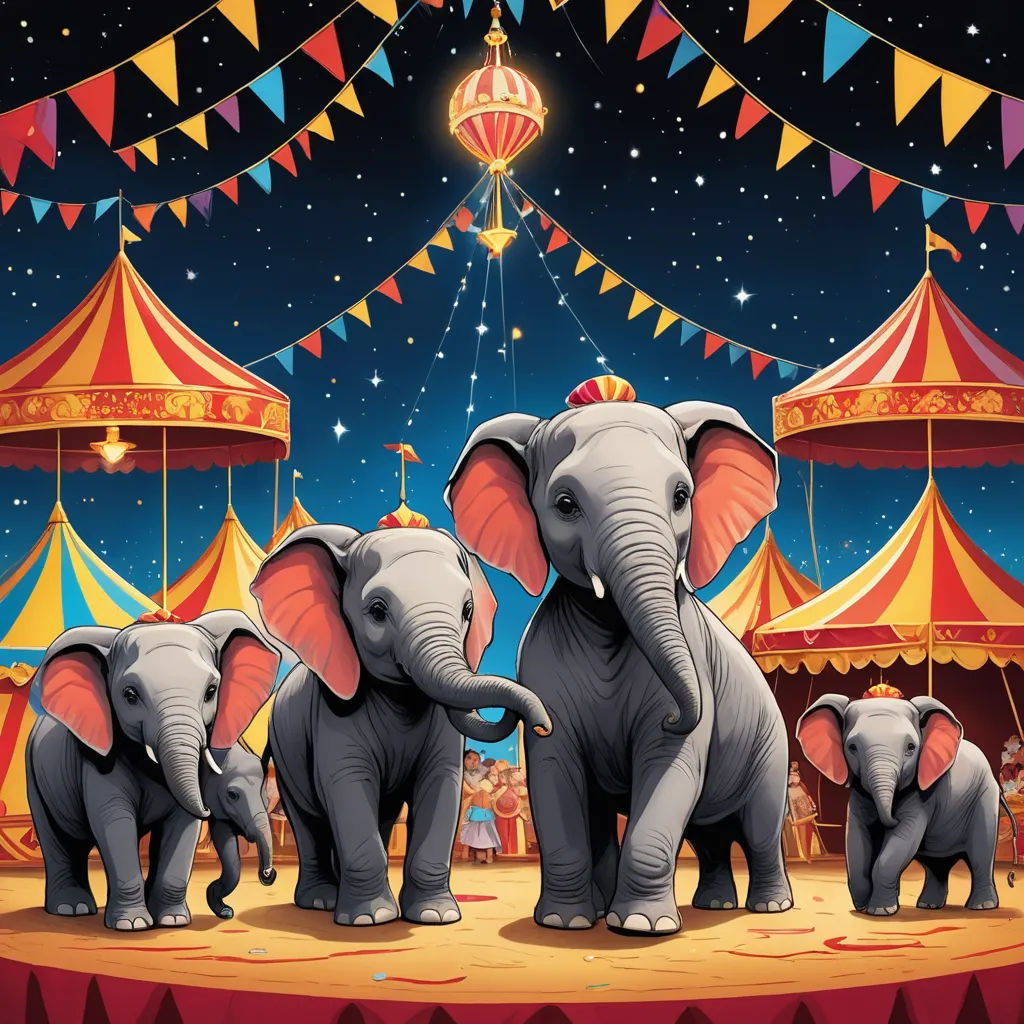 a circus scene with three elephants and a circus tent in the background and a circus tent in the foreground, magical realism, a storybook illustration, Chris LaBrooy, highly detailed digital painting