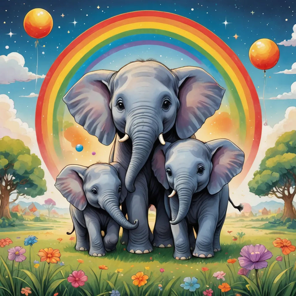 a painting of three elephants standing in a field with a rainbow in the background and a tree with a rainbow in the middle, pop surrealism, a storybook illustration, Chris LaBrooy, furaffinity