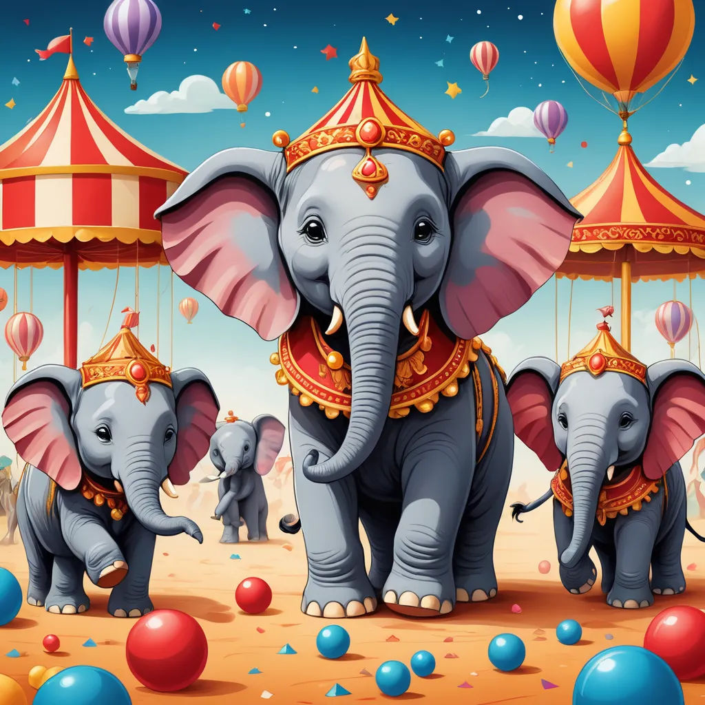 a group of elephants with a circus tent in the background and balloons in the air above them, all in a row, magical realism, a storybook illustration, Chris LaBrooy, highly detailed digital painting