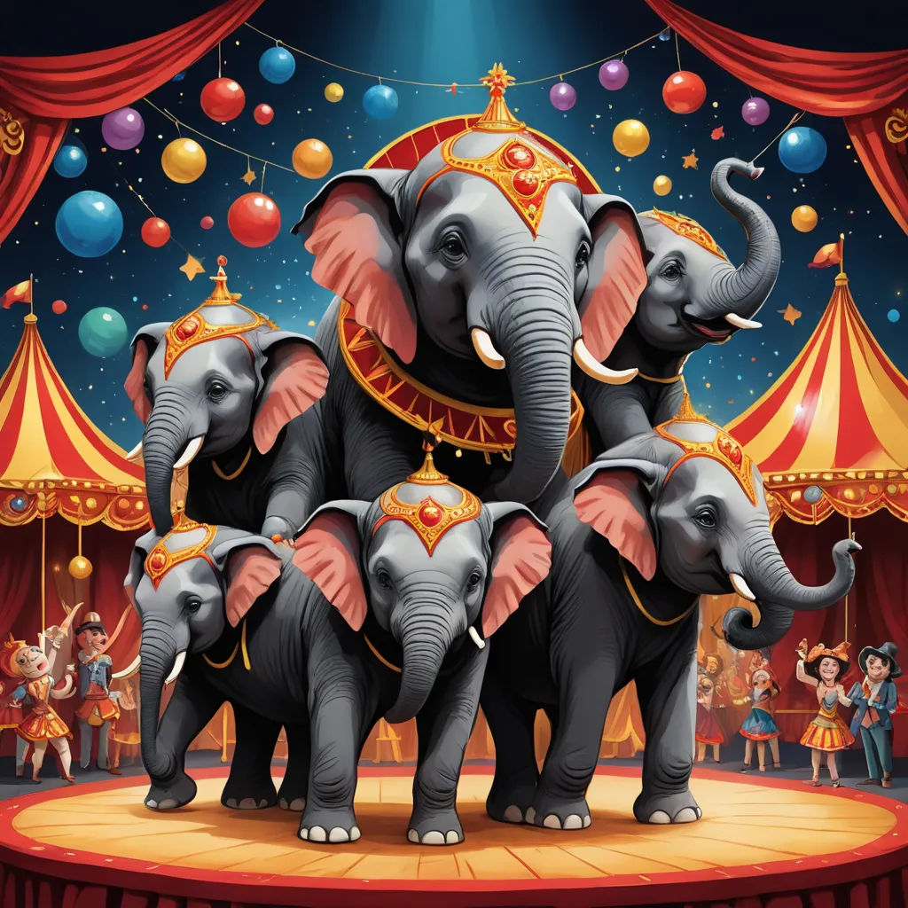 a circus scene with elephants and circus clowns on the stage with balloons and a circus tent in the background, magical realism, a storybook illustration, Chris LaBrooy, highly detailed digital painting