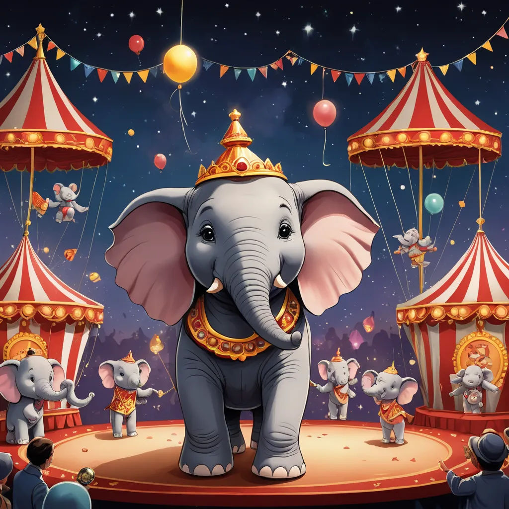 a circus elephant with a crown on its head standing on a platform with circus tents in the background and people watching, magical realism, a storybook illustration, Chris LaBrooy, highly detailed digital painting