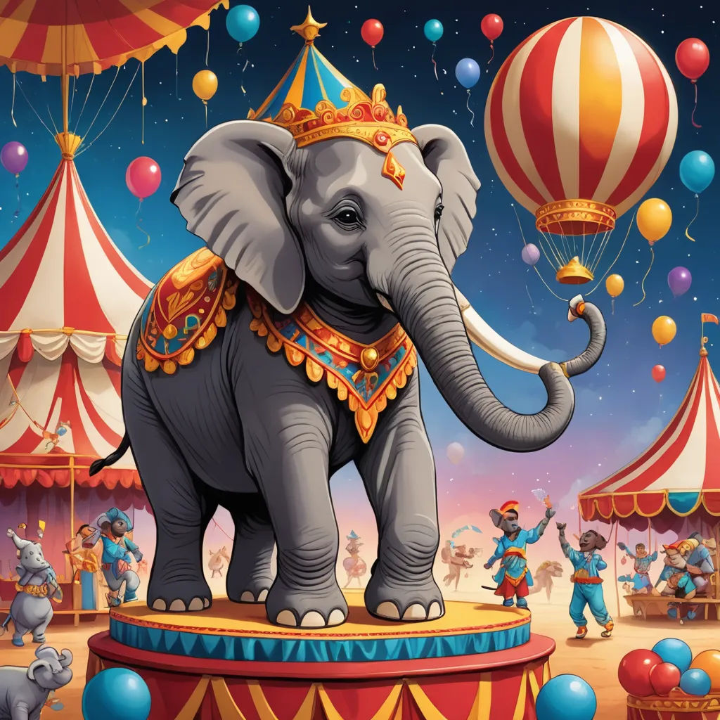 a circus elephant with a crown on top of it's head in front of a circus tent with balloons, magical realism, a storybook illustration, Chris LaBrooy, highly detailed digital painting