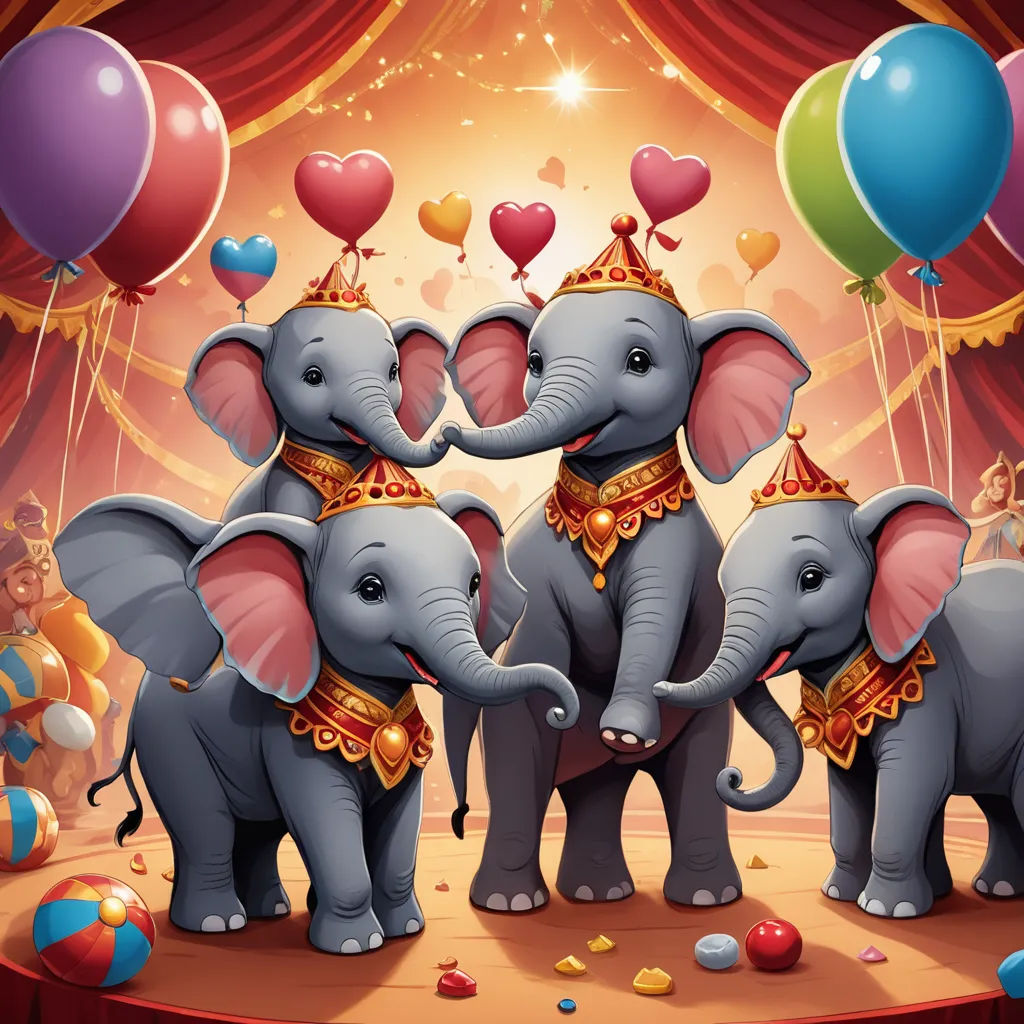 a group of elephants standing on a stage with balloons and hearts flying around them in the air above them, naive art, a storybook illustration, Chris LaBrooy, highly detailed digital painting