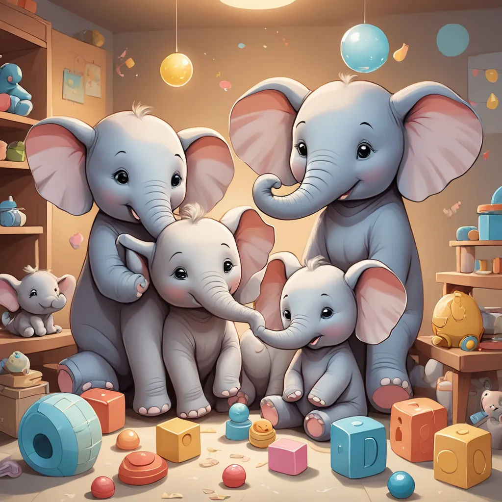 a group of elephants standing next to each other in a room with toys and a baby elephant on the floor, pop surrealism, a storybook illustration, Chris LaBrooy, highly detailed digital painting