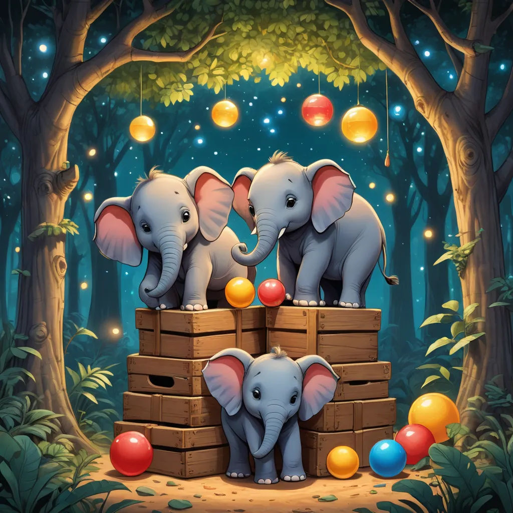 two elephants are playing with balls in a forest with trees and lights in the background, and a forest scene with balloons, fantasy art, a storybook illustration, Chris LaBrooy, highly detailed digital painting