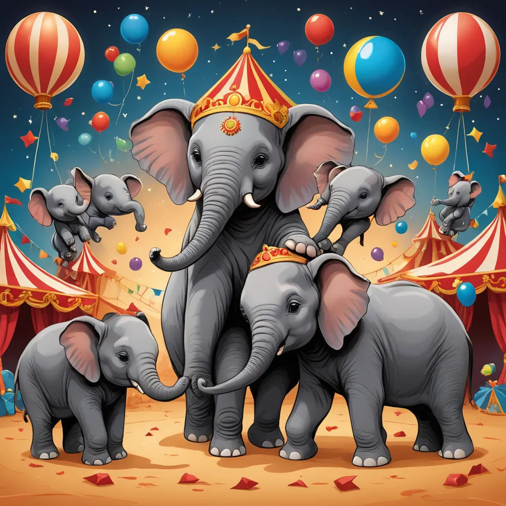 a group of elephants standing in front of a circus tent with balloons and a circus tent in the background, magical realism, a storybook illustration, Amédée Ozenfant, highly detailed digital painting