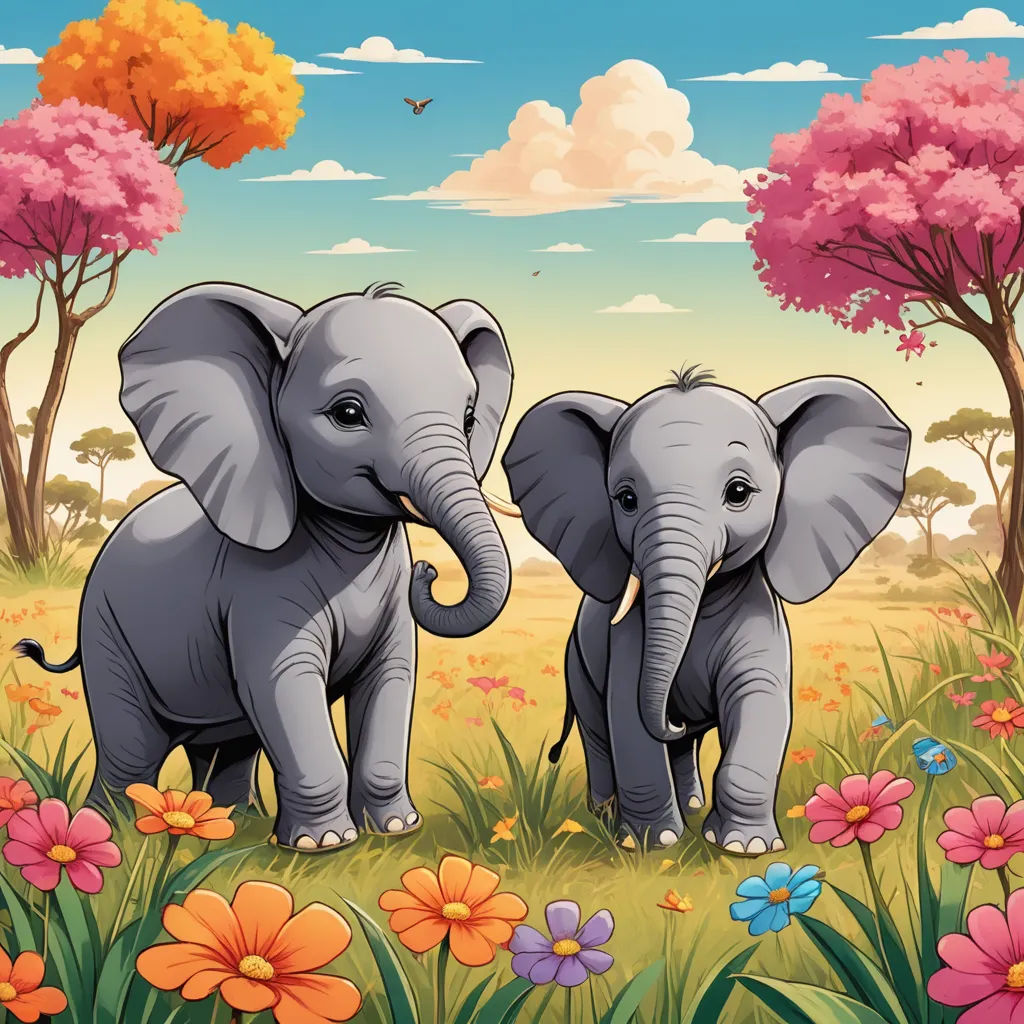 two elephants are standing in a field of flowers and trees with a sky background and a bird flying above, pop surrealism, a storybook illustration, Chris LaBrooy, highly detailed digital painting