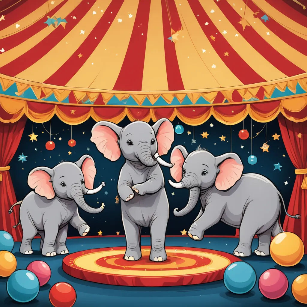 three elephants standing on a circus ring with balloons and a circus tent in the background illustration by jeff straub, magical realism, a storybook illustration, Anthony Devas, highly detailed digital painting