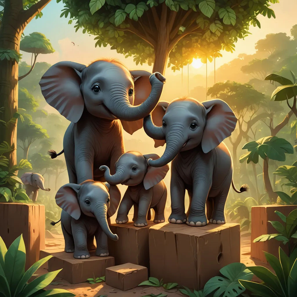 a group of elephants standing on top of a wooden block in a forest with a baby elephant standing between them, sumatraism, a digital painting, Chris LaBrooy, highly detailed digital painting