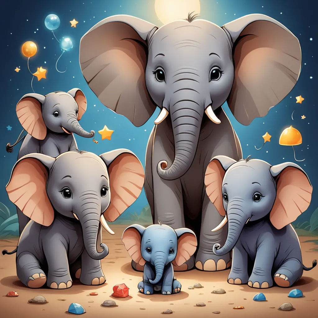 a group of elephants standing next to each other on a field at night with stars and moon in the sky, pop surrealism, a storybook illustration, Amédée Ozenfant, highly detailed digital painting