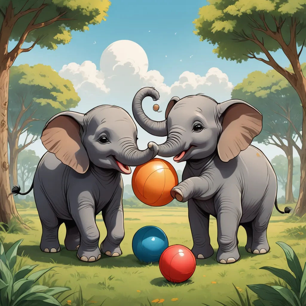 two elephants playing with a ball in the forest with trees and clouds in the background, illustration painting, done in cartoon style, pop surrealism, a storybook illustration, Chris LaBrooy, highly detailed digital painting