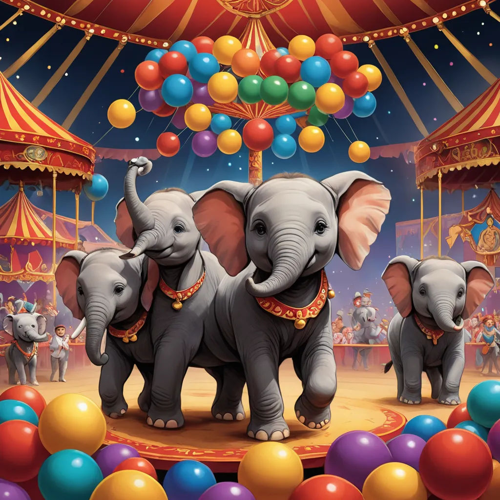 a circus scene with three elephants and balloons in the air and a circus tent in the background with a carousel full of people, pop surrealism, a digital painting, Chris LaBrooy, highly detailed digital painting