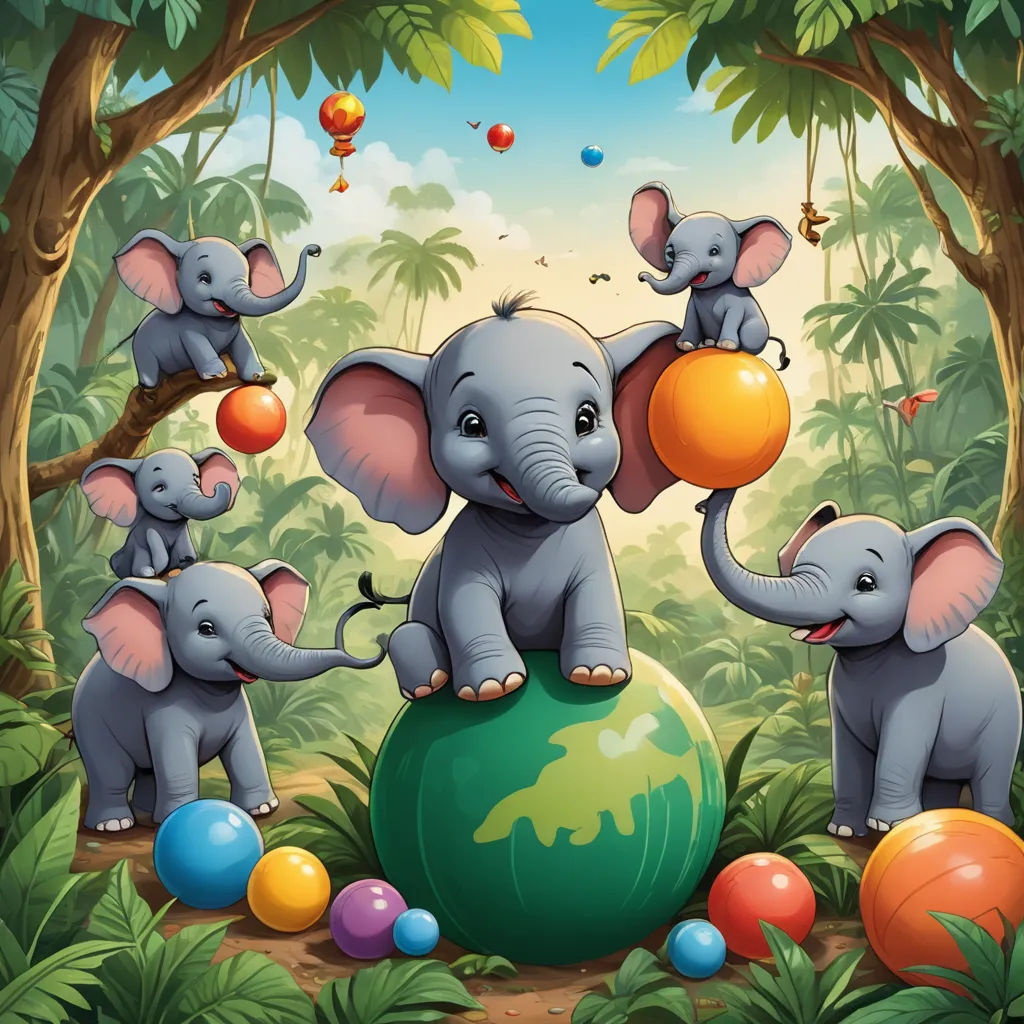 a group of elephants playing with an orange ball in the jungle with other elephants around it and a jungle background, naive art, a storybook illustration, Amédée Ozenfant, highly detailed digital painting