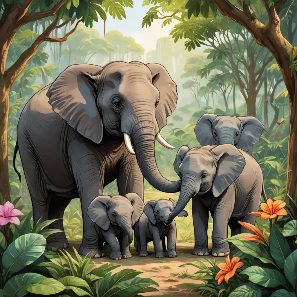 a family of elephants in a tropical forest with flowers and trees in the background, with a baby elephant standing between them, sumatraism, a storybook illustration, Chris LaBrooy, highly detailed digital painting