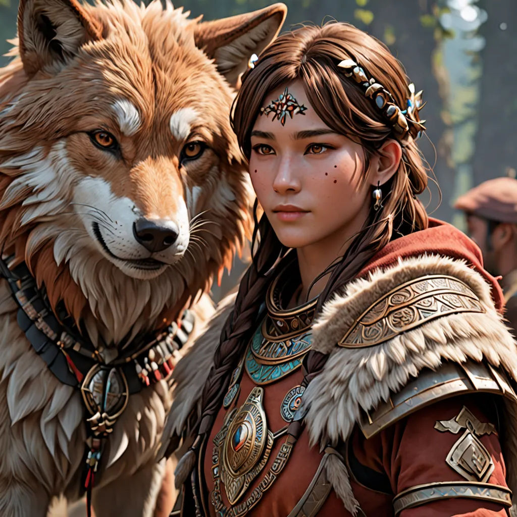 a woman in a costume with a wolf on her shoulder and a man in a costume with a wolf on his shoulder, furry art, computer graphics, Akihiko Yoshida, cryengine