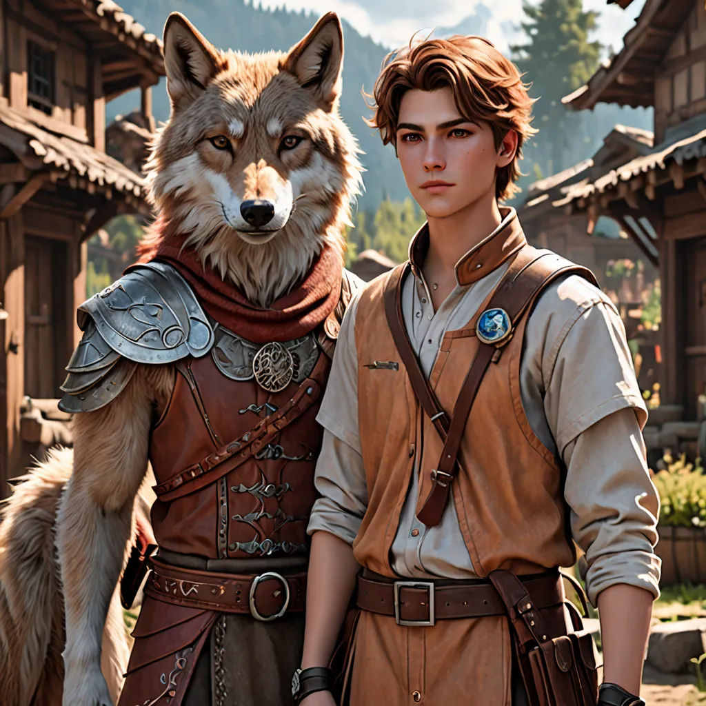 a man and a woman standing next to each other in front of a wolf and a village with mountains, furry art, concept art, Andor Basch, cosplay