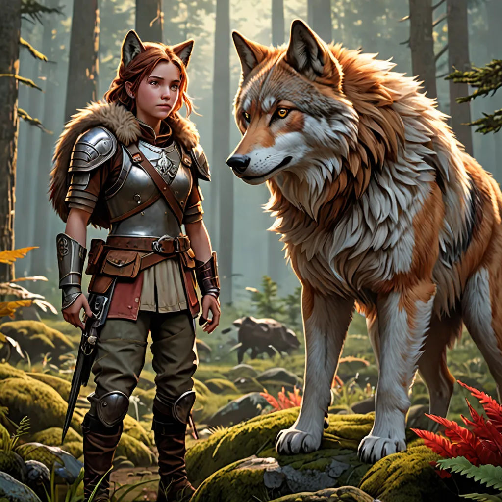 a woman standing next to a wolf in a forest with trees and rocks in the background, with a wolf standing next to her, furry art, concept art, Clint Cearley, game art