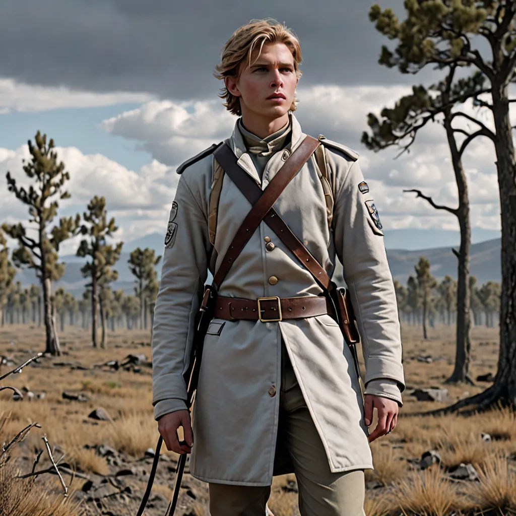 a man in a trench coat and hat standing in a field with a gun in his hand and a gun in his other hand, color field, a character portrait, Caspar Wolf, promotional image