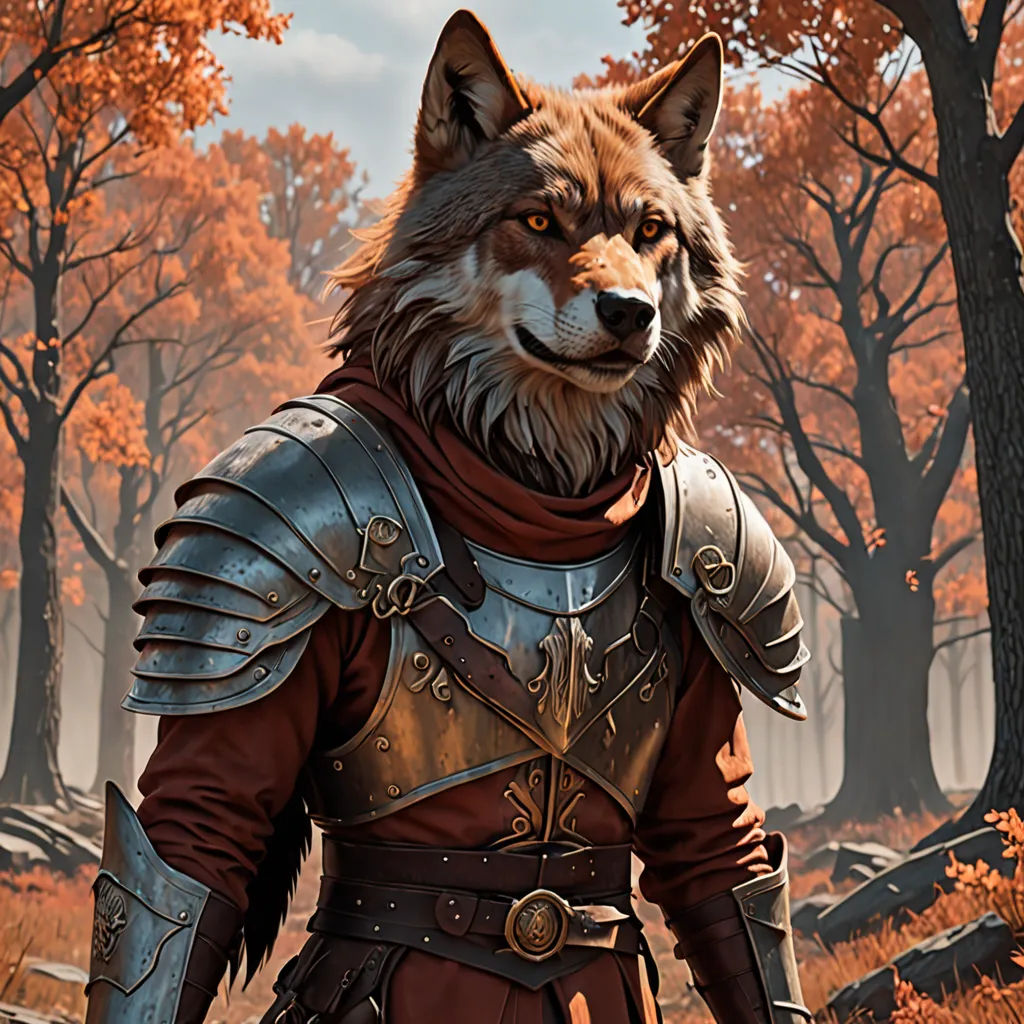 a wolf in a leather armor standing in a forest with trees and leaves in the background, with a sword in his hand, furry art, concept art, Cedric Seaut (Keos Masons), unreal engine 5 quality render