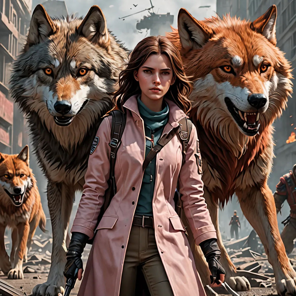 a woman in a trench coat standing in front of a group of wolfs in a city street with a man in the background, altermodern, poster art, Clint Cearley, key art
