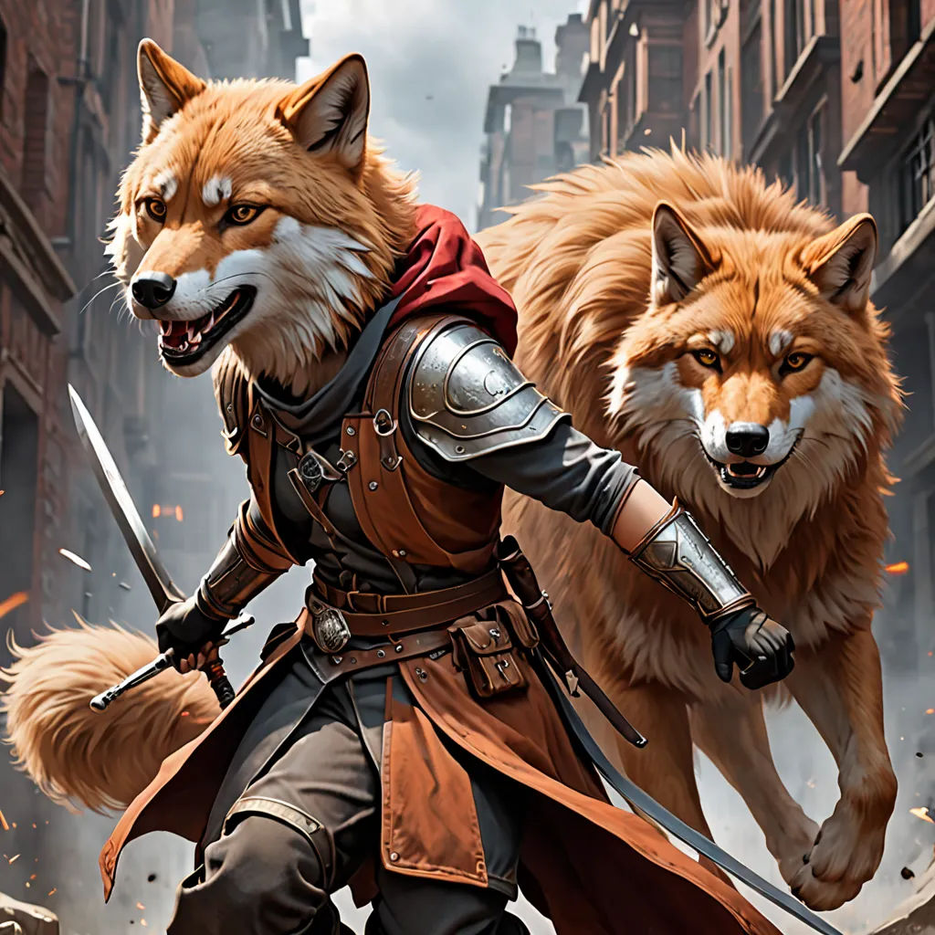 a man in a red cape and a wolf in a city street with buildings and buildings behind him, with a sword in his hand, furry art, concept art, Clint Cearley, magic the gathering artwork