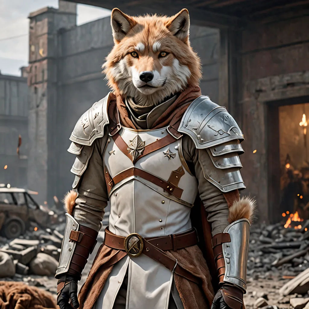 a fox dressed in armor standing in a destroyed building with a gun in his hand and a helmet on, furry art, concept art, Chris LaBrooy, furaffinity