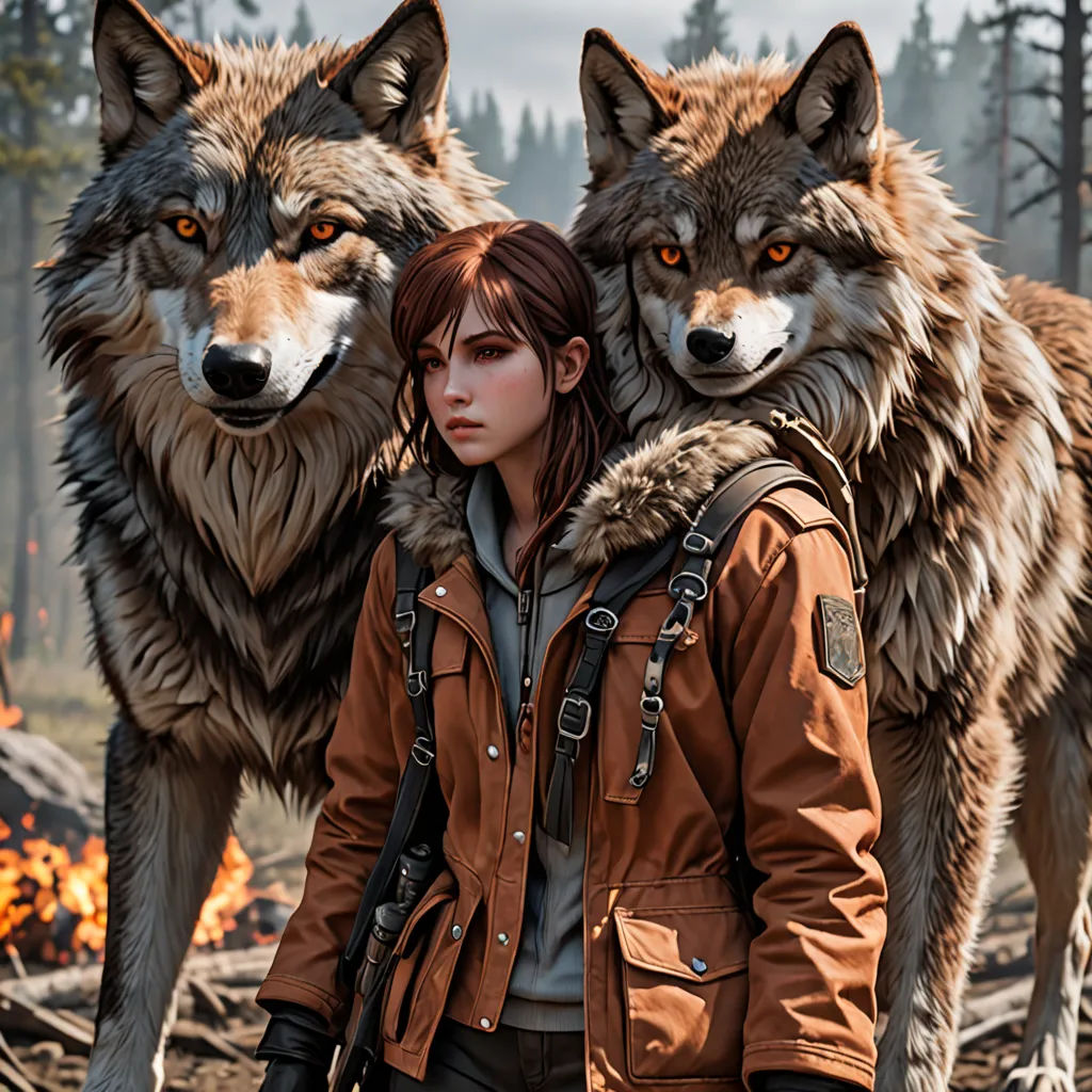 a woman standing next to two wolfs in a forest with a fire in the background and a forest fire in the foreground, furry art, computer graphics, Ayami Kojima, ultra realistic digital art