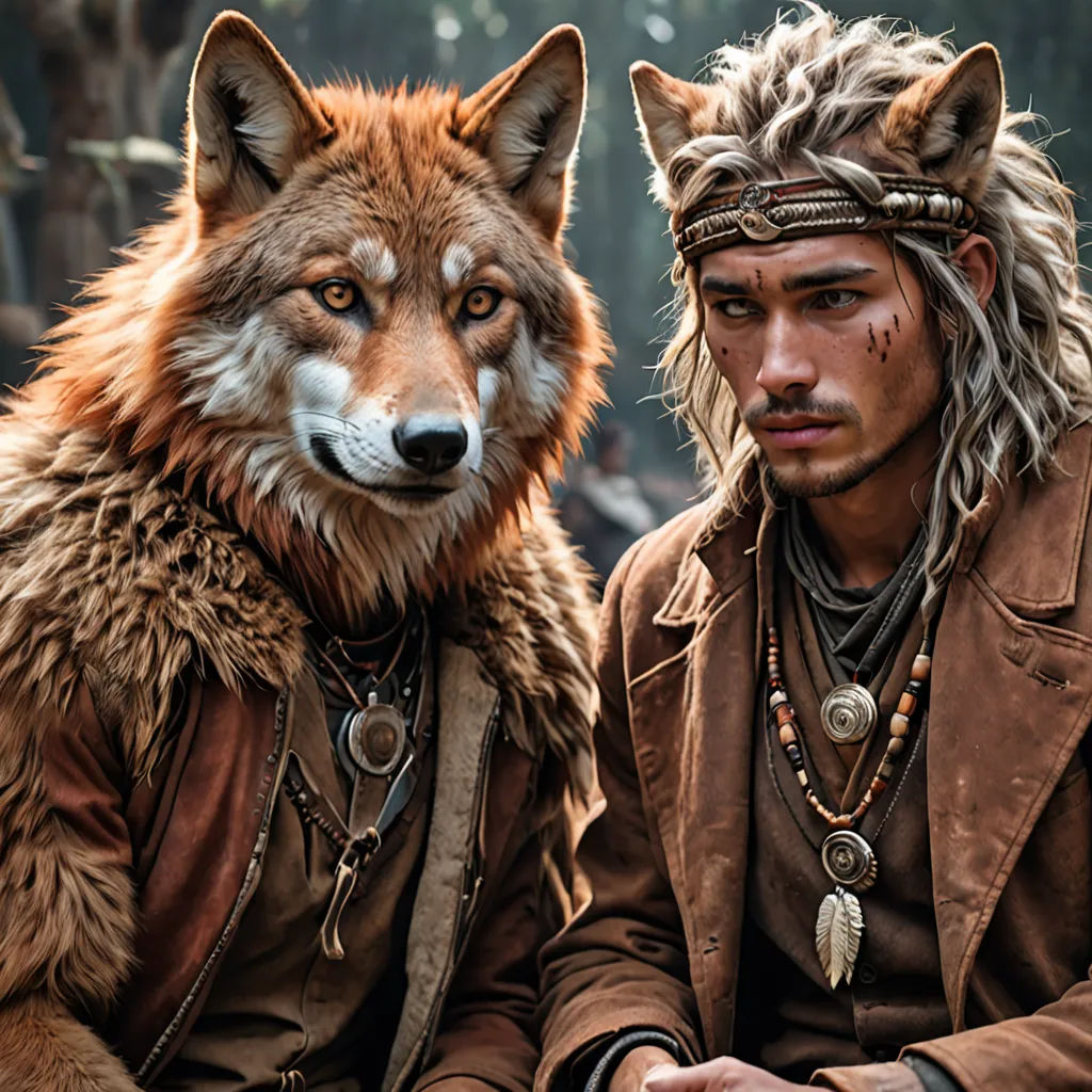a man with a wolf costume sitting next to a man in a brown jacket and a wolf headdress, primitivism, a character portrait, Caspar Wolf, promotional image