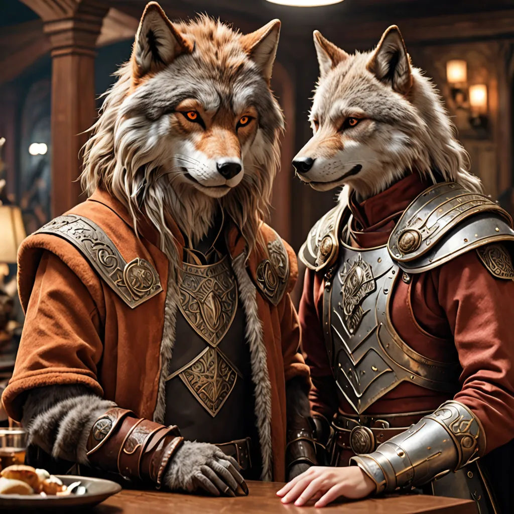 two people dressed as foxes standing next to each other at a table with food on it and a lamp, furry art, a detailed matte painting, David Teniers III, weta digital