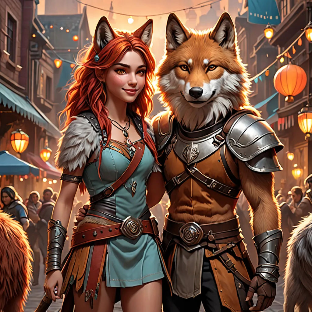 a woman and a man in a fantasy setting with a fox and a wolf on the street, with lanterns in the background, furry art, a detailed painting, Clint Cearley, rossdraws global illumination