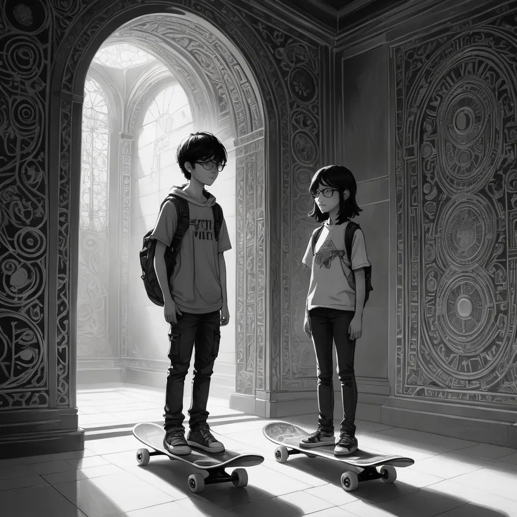 two young children standing on skateboards in a room with arches and arches on the walls, one of them wearing a backpack, photorealism, a black and white photo, Eddie Mendoza, cinematic still