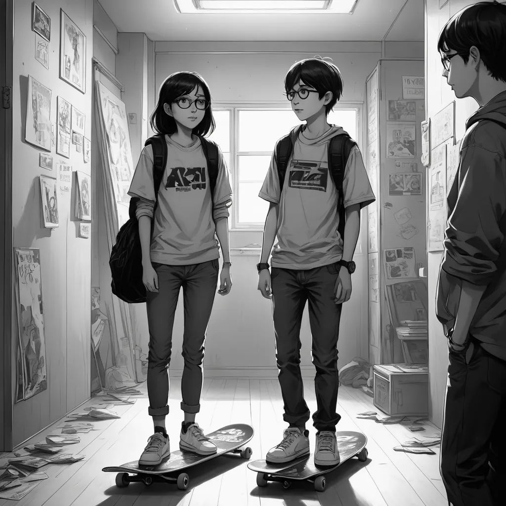 a couple of people standing on top of skateboards in a hallway with posters on the wall behind them, photorealism, a black and white photo, Artgerm, stanley artgerm lau